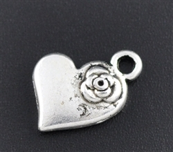 Antique Silver Heart with Flower Charms - Set of 6
