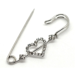 Silver Tone Heart Rhinestone Safety Pins Brooches 6.5x2.5cm 2-1/2"x1")