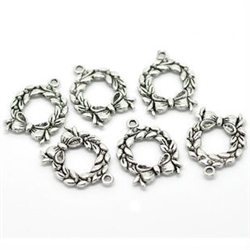 Antiqued Silver Tone Christmas Wreath Charm - Set of 6