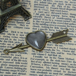 Antique Bronze Heart on Arrow Charms With Glass Cabochons - Set of 2
