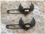Antique Style Heart Wings Safety Pins