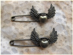 Antique Style Heart Wings Safety Pins